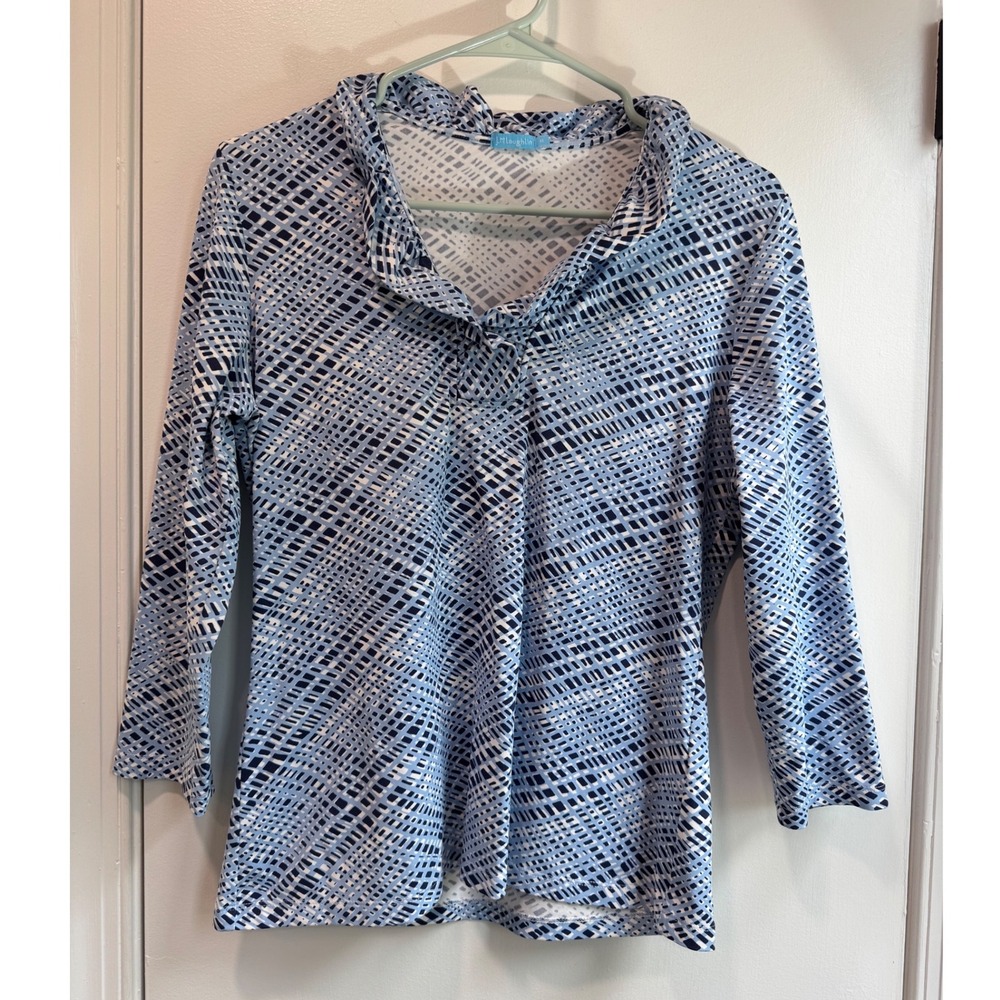 J.McLaughlin Catalina Cloth Ruffle Neck Top Blue White Geometric 3/4‎ Sleeve M